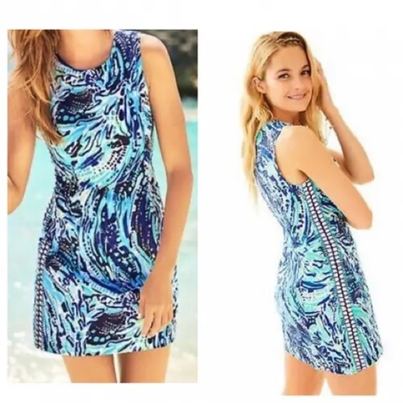 Lilly Pulitzer Womens Shift Dress Blue White Green Back Zip Sleevless Size 0(G) - Picture 1 of 13